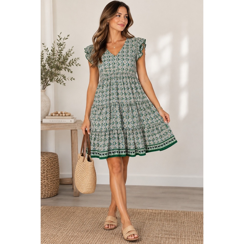Max Studio Dress L NWT Green Floral Tiered Flutter Sleeve Boho Stretch